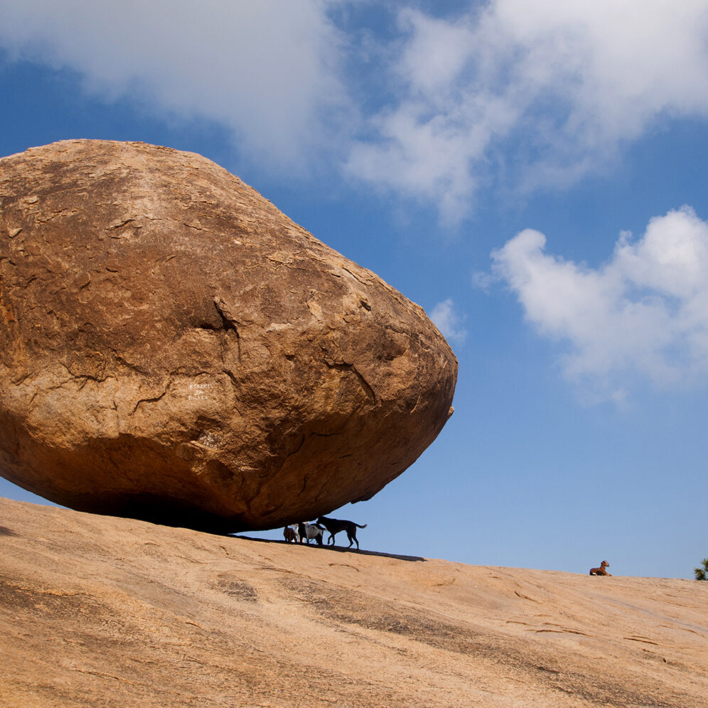 Krishnas butterball, Balancing giant natural rock stone, Mahabalipuram, Tamil Nadu, India